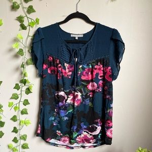 Brand new, Daniel Rainn blue & floral blouse with front tie for design (M)